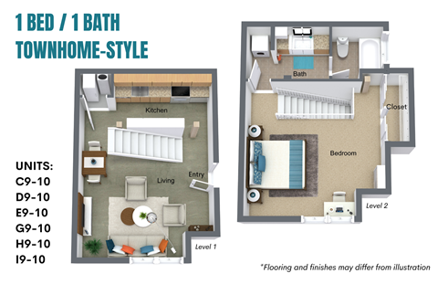 Floor plan for 1 bed, 1 bath, 730 sqft